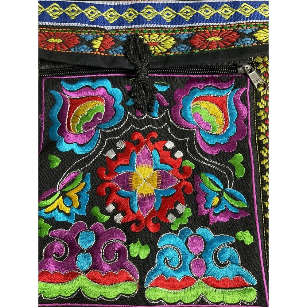 Embroidered Women's Floral Neon Boho Hippie Crossbody Bag Asian Geometric Design